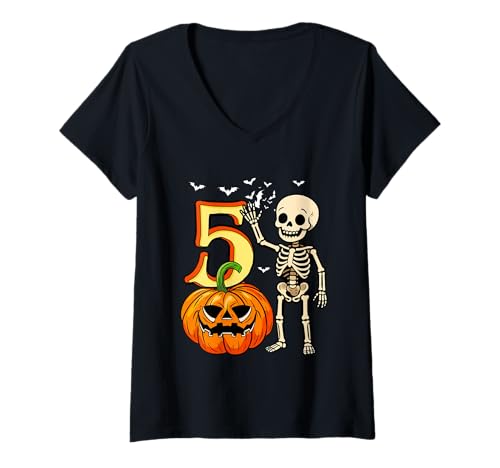 Damen 5 Halloween Skeleton 5th Birthday Horror Carved Pumpkin T-Shirt mit V-Ausschnitt von Birthday Halloween Costume