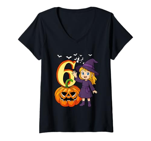 Damen 6 Halloween Cute Witch 6th Birthday Horror Carved Pumpkin T-Shirt mit V-Ausschnitt von Birthday Halloween Costume