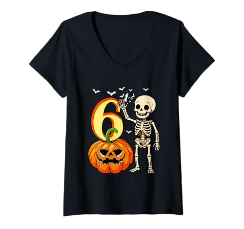 Damen 6 Halloween Skeleton 6th Birthday Horror Carved Pumpkin T-Shirt mit V-Ausschnitt von Birthday Halloween Costume