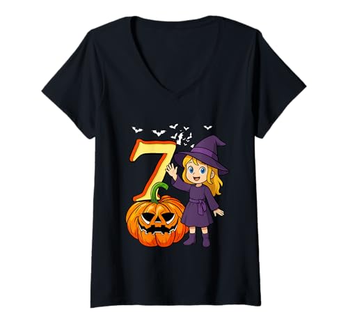 Damen 7 Halloween Cute Witch 7th Birthday Horror Carved Pumpkin T-Shirt mit V-Ausschnitt von Birthday Halloween Costume