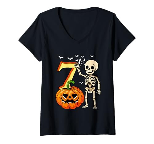 Damen 7 Halloween Skeleton 7th Birthday Horror Carved Pumpkin T-Shirt mit V-Ausschnitt von Birthday Halloween Costume
