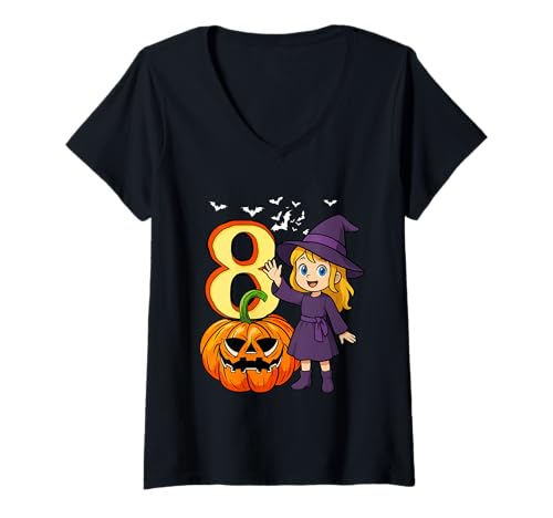 Damen 8 Halloween Cute Witch 8th Birthday Horror Carved Pumpkin T-Shirt mit V-Ausschnitt von Birthday Halloween Costume