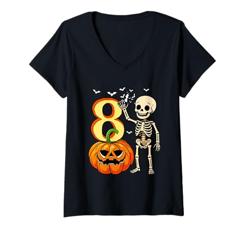 Damen 8 Halloween Skeleton 8th Birthday Horror Carved Pumpkin T-Shirt mit V-Ausschnitt von Birthday Halloween Costume