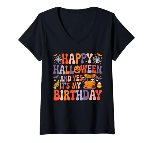 Damen Happy Halloween and My Birthday Colorful Carved Pumpkins T-Shirt mit V-Ausschnitt von Birthday Halloween Costume