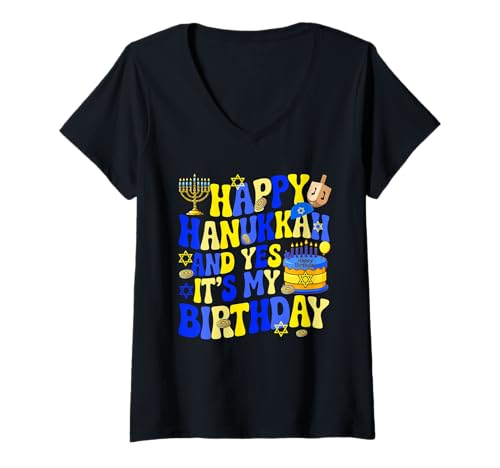 Damen Happy Hanukkah and My Birthday Funny Jewish Menorah Dreidel T-Shirt mit V-Ausschnitt Damen Happy Hanukkah and My Birthday Funny Jewish Menorah Dreidel T-Shirt mit V-Ausschnitt von Birthday Hanukkah Costume