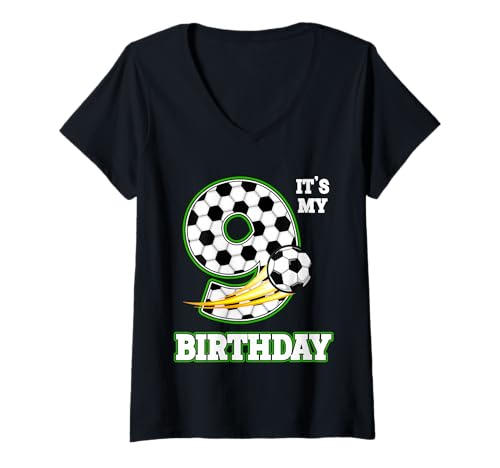 Damen Birthday Boy Tees 9 Soccer It's My 9th Birthday Boys Soccer T-Shirt mit V-Ausschnitt Damen Birthday Boy Tees 9 Soccer It's My 9th Birthday Boys Soccer T-Shirt mit V-Ausschnitt von Birthday It's My Birthday Soccer Ball Bday Party