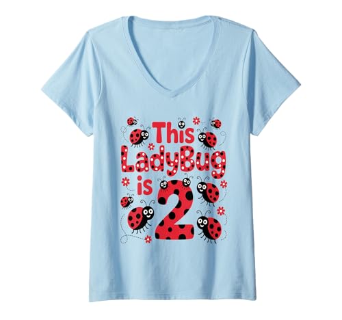 Damen Dieser Marienkäfer ist 2 Jahre alt, zum 2. Geburtstag, Mädchen, Familie T-Shirt mit V-Ausschnitt von Birthday LadyBug