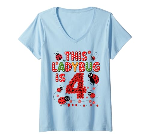 Damen Dieser Marienkäfer ist 4 Jahre alt 4. Geburtstag Mädchen Familie T-Shirt mit V-Ausschnitt von Birthday LadyBug