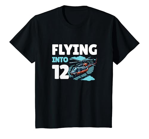 Kinder Helikopter Flying Into 12 Year Old 12th Birthday Boy T-Shirt von Birthday Party Apparel For Kids