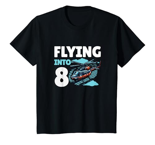 Kinder Helikopter Flying Into 8 Year Old 8th Birthday Boy T-Shirt von Birthday Party Apparel For Kids