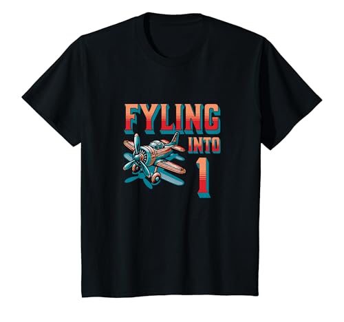 Kinder Propellerflugzeug Flying Into 1 Year Old 1st Birthday Boy T-Shirt von Birthday Party Apparel For Kids