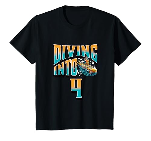 Kinder U-Boot Diving Into 4 Year Old 4th Birthday Boy T-Shirt von Birthday Party Apparel For Kids