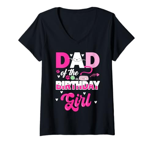 Damen Niedlicher Vater des Geburtstags Mädchen Katze Kitty Liebhaber Kätzchen Mädchen T-Shirt mit V-Ausschnitt von Birthday Party Kitten Cat Family Matching Bday