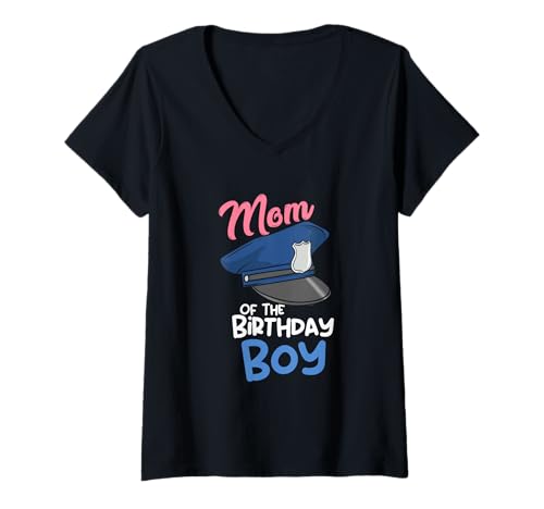 Damen Lustiger Geburtstag Mama Polizei Mottoparty Matching T-Shirt mit V-Ausschnitt von Birthday Party Police Birthday Design For Moms