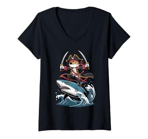 Damen Niedliche Piratenkatze reitet einen Hai, lustiges Halloween-Kostüm für Kinder T-Shirt mit V-Ausschnitt Damen Niedliche Piratenkatze reitet einen Hai, lustiges Halloween-Kostüm für Kinder T-Shirt mit V-Ausschnitt von Birthday Pirate Theme Party Pet Owners Cat Lover