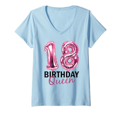 Damen 18 Jahre Geburtstag Frauen Geburtstagsballons Ballons Print T-Shirt mit V-Ausschnitt Damen 18 Jahre Geburtstag Frauen Geburtstagsballons Ballons Print T-Shirt mit V-Ausschnitt von Birthday Queen Geburtstagsgeschenke Damen Teenager