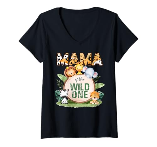 Damen Mama Of The Wild One Safari-Familienpaarung zum 1. Geburtstag T-Shirt mit V-Ausschnitt von Birthday Safari Family Matching Shirts For Men
