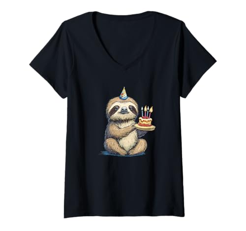 Damen Süßes sitzendes Faultier mit Geburtstagskuchen-Kostüm für Partys T-Shirt mit V-Ausschnitt von Birthday Sloth