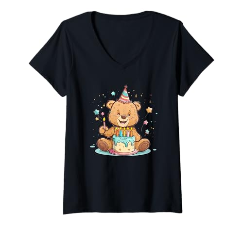 Damen Kreativer Teddybär mit Geburtstagstorte für einen festlichen Stil T-Shirt mit V-Ausschnitt Damen Kreativer Teddybär mit Geburtstagstorte für einen festlichen Stil T-Shirt mit V-Ausschnitt von Birthday Teddy Bear Outfit