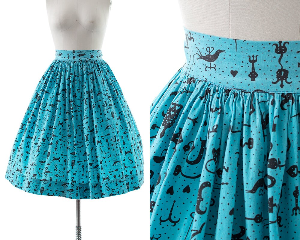 Vintage 1950Er Jahre Rock | 50S Neuheit Print Schlüssel & Schlösser Baumwolle Blau Swing | Small Vintage 1950Er Jahre Rock | 50S Neuheit Print Schlüssel & Schlösser Baumwolle Blau Swing | Small von BirthdayLifeVintage
