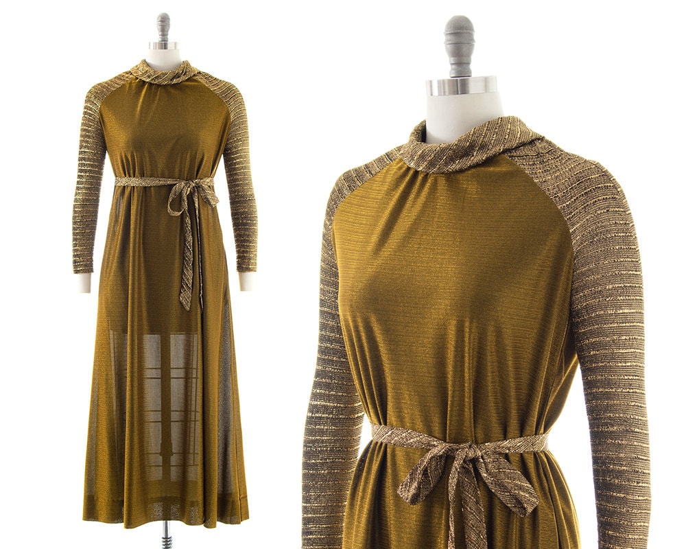 Vintage 1960Er 1970Er Kleid | 60Er 70Er Jahre Maxikleid Metallic Gold Gürtel Lange Ärmel Urlaub Partykleid | x-Small/Small Vintage 1960Er 1970Er Kleid | 60Er 70Er Jahre Maxikleid Metallic Gold Gürtel Lange Ärmel Urlaub Partykleid | x-Small/Small von BirthdayLifeVintage