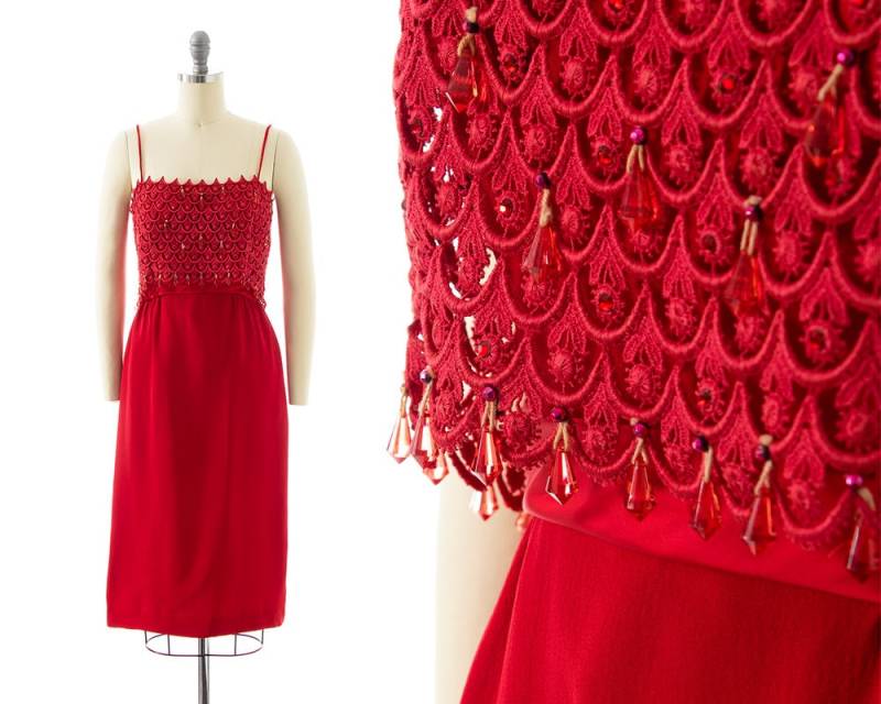 Vintage 1960Er Jahre Cocktail Kleid | 60S Perlen Strass Spitze Rot Viskose Spaghettiträger Etuikleid Wackeln Partykleid | Small von BirthdayLifeVintage