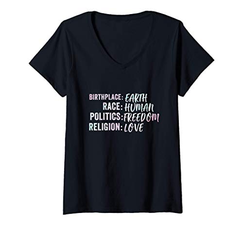 Damen Birthplace Earth Race Human Politics Freedom Religion Love T-Shirt mit V-Ausschnitt Damen Birthplace Earth Race Human Politics Freedom Religion Love T-Shirt mit V-Ausschnitt von Birthplace Earth Race Human Politics Freedom Love