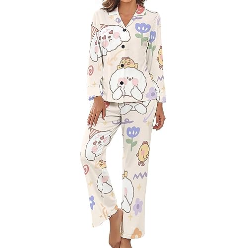 BisQu Schlafanzug Damen Lang Pyjama Damen Mit V-Ausschnitt Pijamas Woman Set Schlafanzüge Für Damen Pyjama Zweiteiliger Weich Hausanzug Damen Kuschelig Damen Schlafanzug Lang Mit Taschen M von BisQu