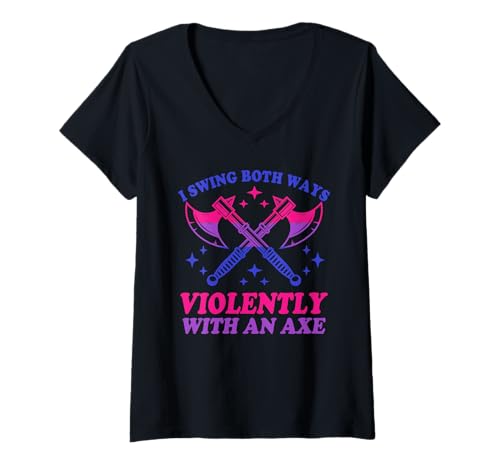 Damen Bisexuell I Swing Both Ways Axt Lustige Bi Pride Flagge LGBTQ T-Shirt mit V-Ausschnitt von Bisexual Bi Pride Flag LGBTQ