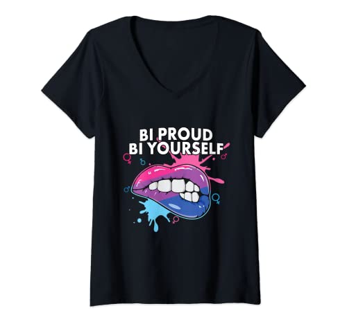 Damen Bi Proud Bi Yourself Rainbow Pride LGBTQ T-Shirt mit V-Ausschnitt von Bisexual Pride Stuff & LGBTQ Gifts