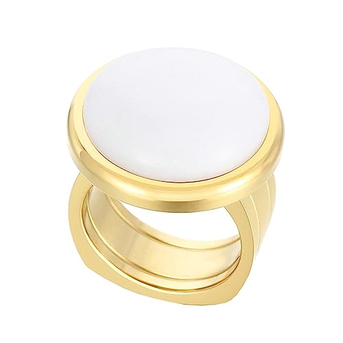 Bihsilin Damen Ringe Edelstahl, Gold Ring Personalisiert Breit mit Weiß Naturstein Siegelring Trauringe Hochzeit Ringe Frauen Nickelfrei Gr.54 (17.2) von Bishilin