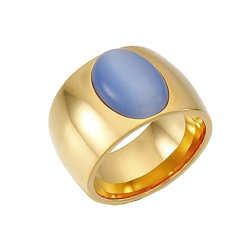Bihsilin Ringe Damen Edelstahl, Ring Personalisiert Breit 15MM mit Blau Stein Bandring Hochzeit Ringe Frauen Nickelfrei Gold Größe 60 (19.1) von Bishilin
