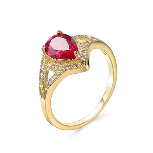 Bishilin Ringe Damen Vergoldet, Ring Personalisiert Tropfen mit Rot Zirkonia Ring Verlobung und Hochzeit Gold Gr.52 (16.6) von Bishilin