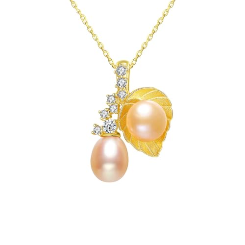 Bishilin Anhänger Halskette Gold 750, Kette Damen 45CM Charms Anhänger Blatt mit Rosa Perlen und Diamant Halskette Hochzeit Braut von Bishilin