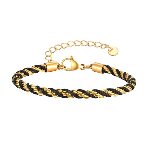 Bishilin Armbänder Herren 22CM, Edelstahl Armband 3.8MM mit Geflochtenen Seil Freundschaftsarmband Personalisiert Charm Armbänder für Männer Gold Schwarz von Bishilin