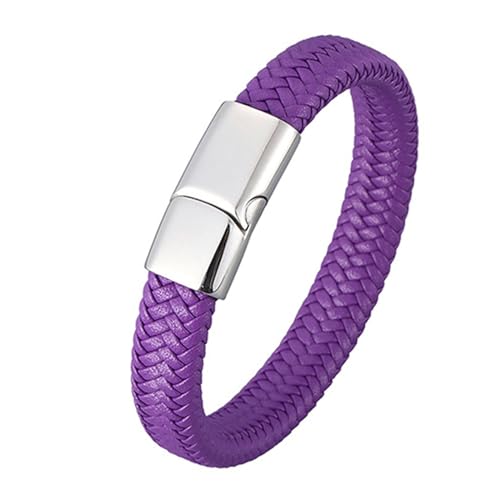 Bishilin Armbänder Herren Leder, Armband Männer Personalisiert 12MM Geflochten Lederarmband mit Magnetverschluss Violett 16.5CM von Bishilin