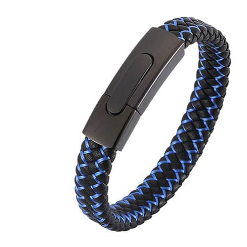 Bishilin Armbänder Herren Leder, Armband Männer Personalisiert 12MM Geflochten mit Blau Gestreift Lederarmband Druckknopfverschluss Schwarz 16.5CM von Bishilin