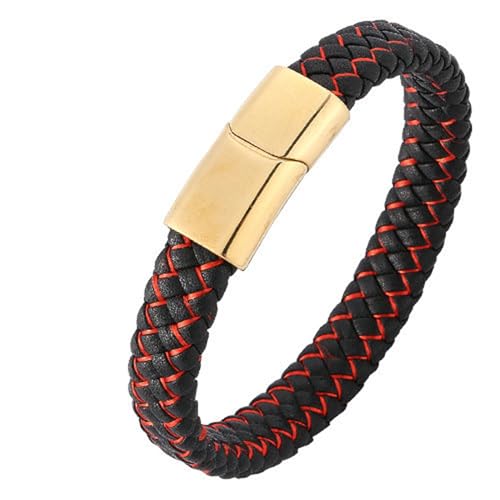 Bishilin Armbänder Herren Leder, Armband Männer Personalisiert 12MM Geflochten mit Rot Gestreift Lederarmband Magnetverschluss Schwarz 20.5CM von Bishilin