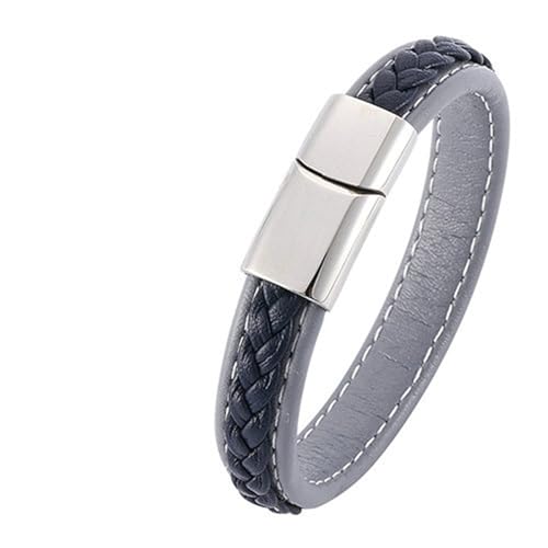 Bishilin Armbänder Herren Leder, Armband Männer Personalisiert 12MM Gewebt Lederarmband mit Magnetverschluss Grau Blau 18.5CM von Bishilin