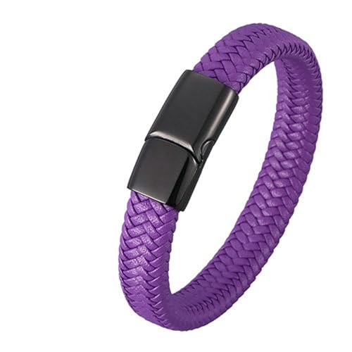 Bishilin Armbänder Herren Leder, Armband Männer Personalisiert 12MM Gewebt Lederarmband mit Magnetverschluss Violett 16.5CM von Bishilin