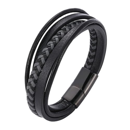 Bishilin Armbänder Herren Leder, Armband Männer Personalisiert 12MM Multilayer Geflochten Lederarmband mit Magnetverschluss Schwarz 16.5CM von Bishilin