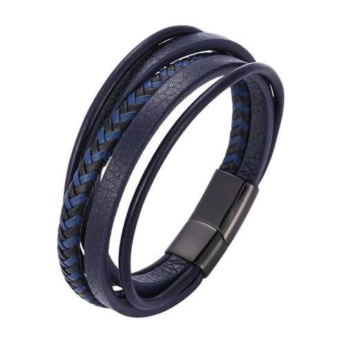 Bishilin Armbänder Herren Leder, Armband Männer Personalisiert 12MM Multilayer Geflochten Lederarmband mit Magnetverschluss Schwarz Blau 20.5CM von Bishilin