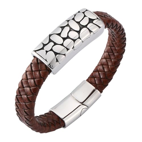 Bishilin Armbänder Herren Leder, Armband Männer Personalisiert 12MM Schilde mit Gepunkt Lederarmband Magnetverschluss Braun 16.5CM von Bishilin