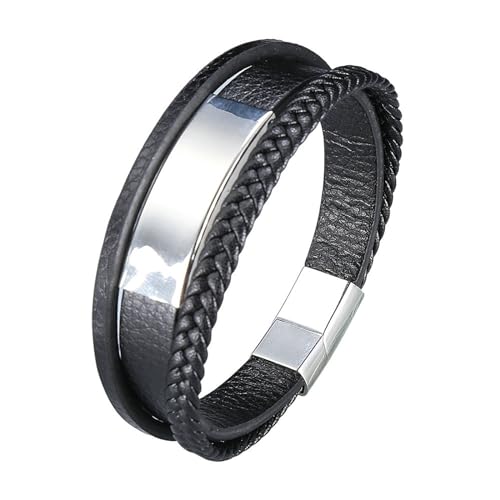 Bishilin Armbänder Herren Leder, Personalisiertes Armband Männer 3-Layer Geflochten mit Schild Lederarmband Magnetverschluss Schwarz 20.5CM von Bishilin