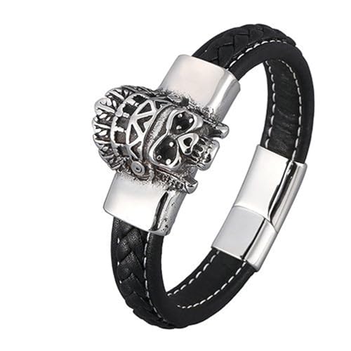 Bishilin Armbänder Herren Leder 16.5CM, Personalisiertes Armband Männer 12MM Indianer Totenkopf mit Magnetverschluss Lederarmband Schwarz von Bishilin