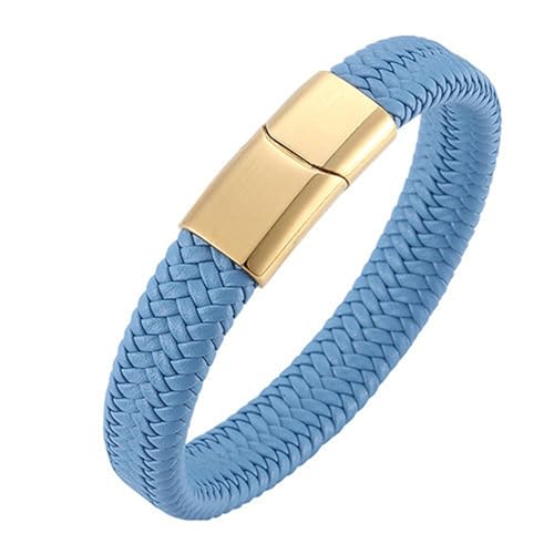 Bishilin Armbänder Herren Leder 18.5CM, Personalisiertes Armband Männer 12MM Geflochten mit Magnetverschluss Lederarmband Blau von Bishilin