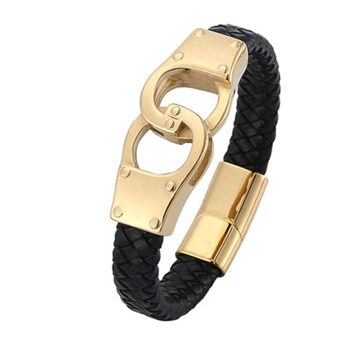 Bishilin Armbänder Herren Leder 20.5CM, Personalisiertes Armband Männer 12MM mit Gold Handschellen Magnetverschluss Lederarmband Schwarz von Bishilin