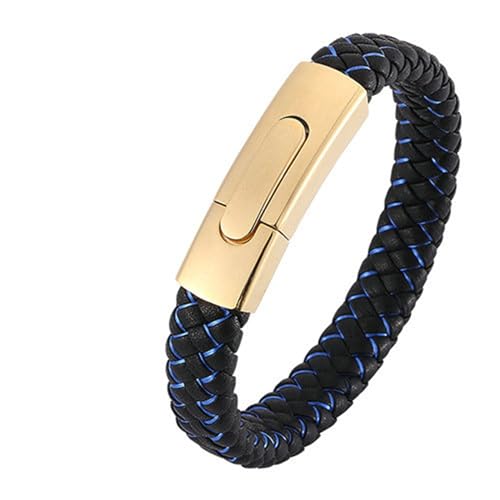 Bishilin Armbänder für Herren Leder mit Druckknopfverschluss, Lederarmband Personalisiert 12MM Geflochten mit Blau Streifen Charms Armband Männer Schwarz 20.5CM von Bishilin