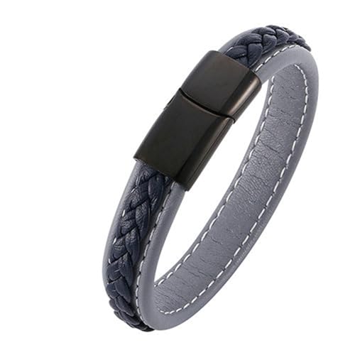 Bishilin Armbänder für Herren Leder mit Magnetverschluss, Lederarmband Personalisiert 12MM Geflochten Charms Armband Männer Grau Blau 16.5CM von Bishilin