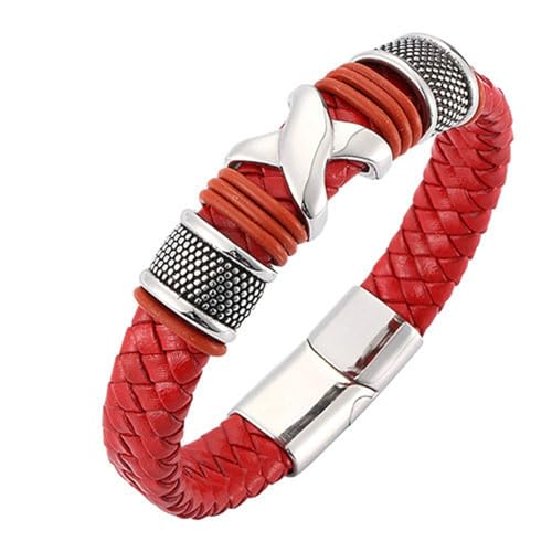 Bishilin Armbänder für Herren Leder mit Magnetverschluss, Lederarmband Personalisiert 12MM Geflochten mit X Geometrie Charms Armband Männer Rot 18.5CM von Bishilin